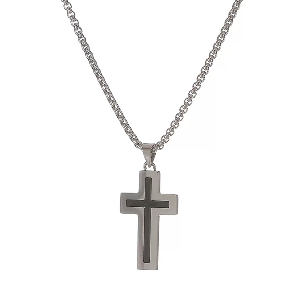 New Stainless Steel Cross Necklace. Cross has black inlay. Chain is 24”